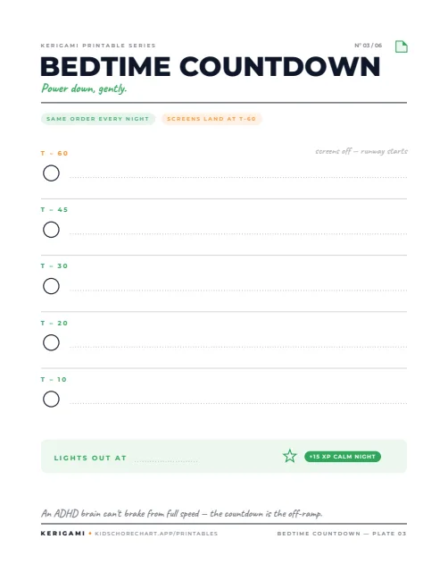 Bedtime Countdown — free printable ADHD chart preview