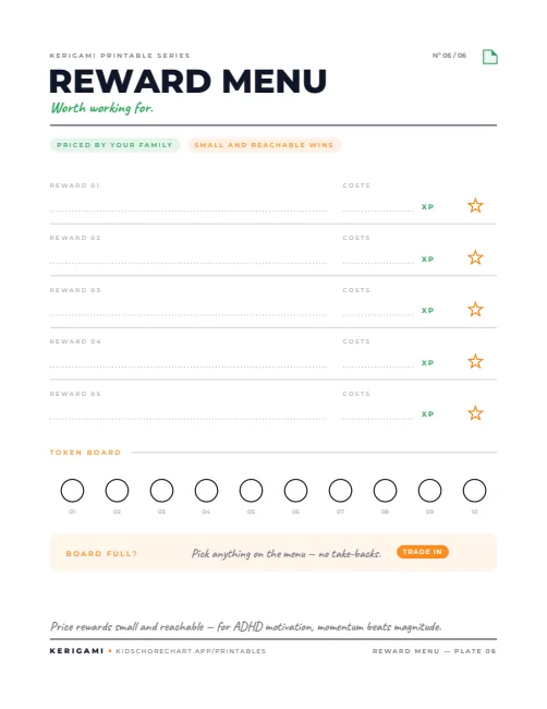 Reward Menu + Token Board — free printable ADHD chart preview
